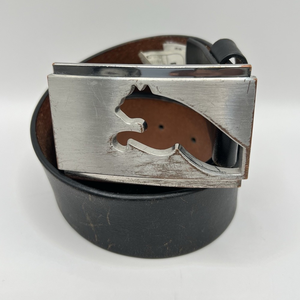 Puma Leather Belt Medium Black Big Silver Tone Puma Cat Buckle Distressed